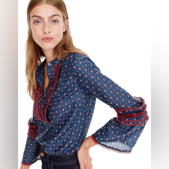 J. Crew Tops - EUC-J Crew Embroidered Bell Sleeve Top Blue Red Printed Long Sleeve Blouse